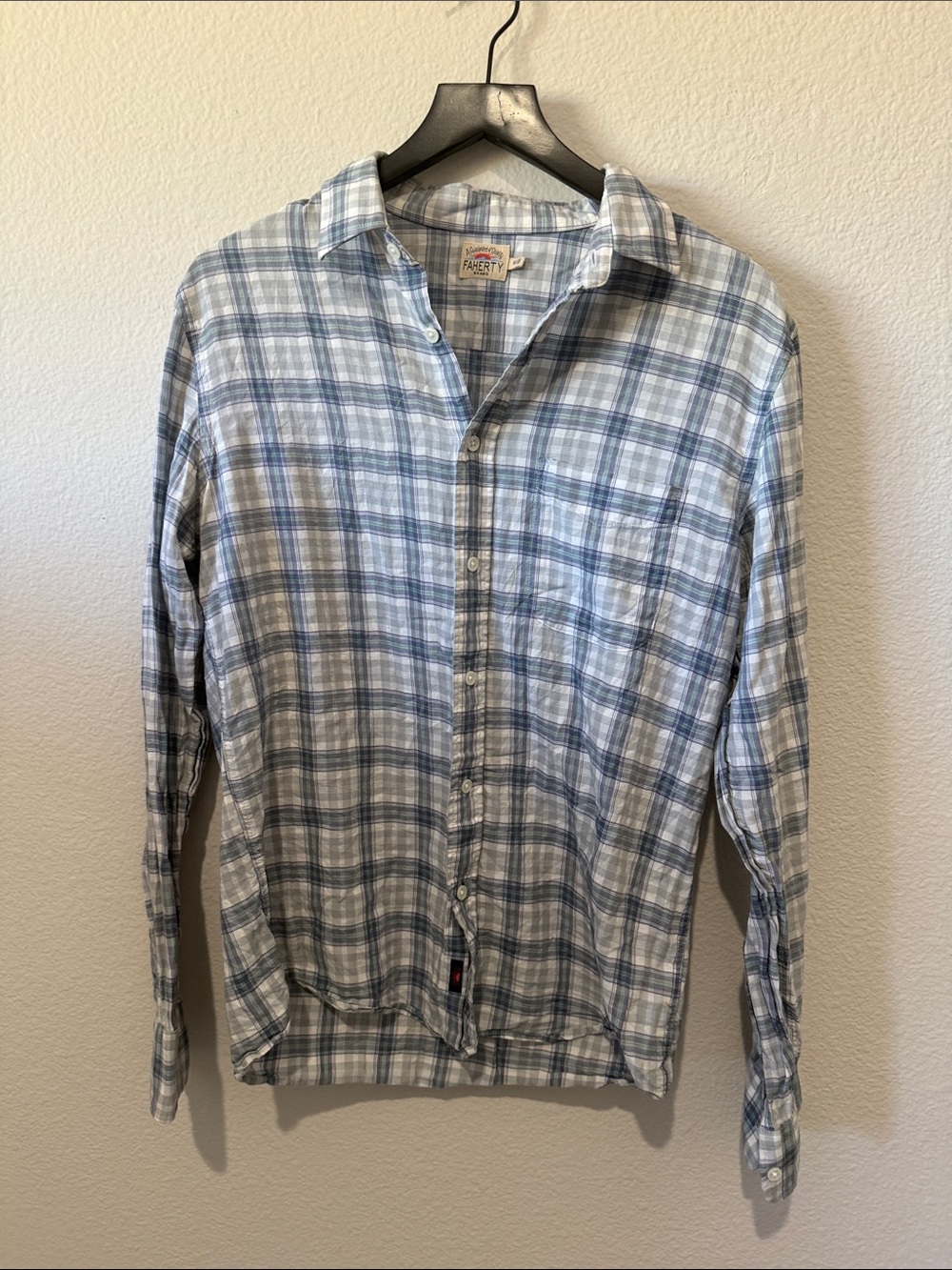 Faherty Light Blue and White Plaid Button-Down Shirt